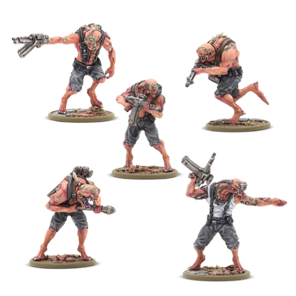 Konflikt '47 Nachtalben Squad 452410215 – 5 pomalowanych żywicznych figurek Nachtalben Axis z przodu: zdeformowane humanoidalne potwory z różową skórą w szarych spodniach i kamizelkach, uzbrojone w StG 44Z, LMG i Panzerfausty, różne pozy bojowe – strzelające, biegnące i atakujące, 28mm Konflikt '47 Warlord Games
