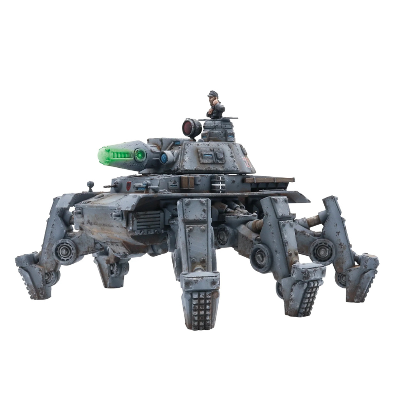 Konflikt '47 Panzer IV Ausf. X Walker 452610202 – pomalowany plastikowo-żywiczny ciężki walker Axis na sześciu nogach w szarym kamuflażu z zielonym projektorem Schwerefeld po lewej stronie wieżyczki i figurką dowódcy w czarnej czapce, widok z przodu pod kątem, 28mm Konflikt '47 Warlord Games
