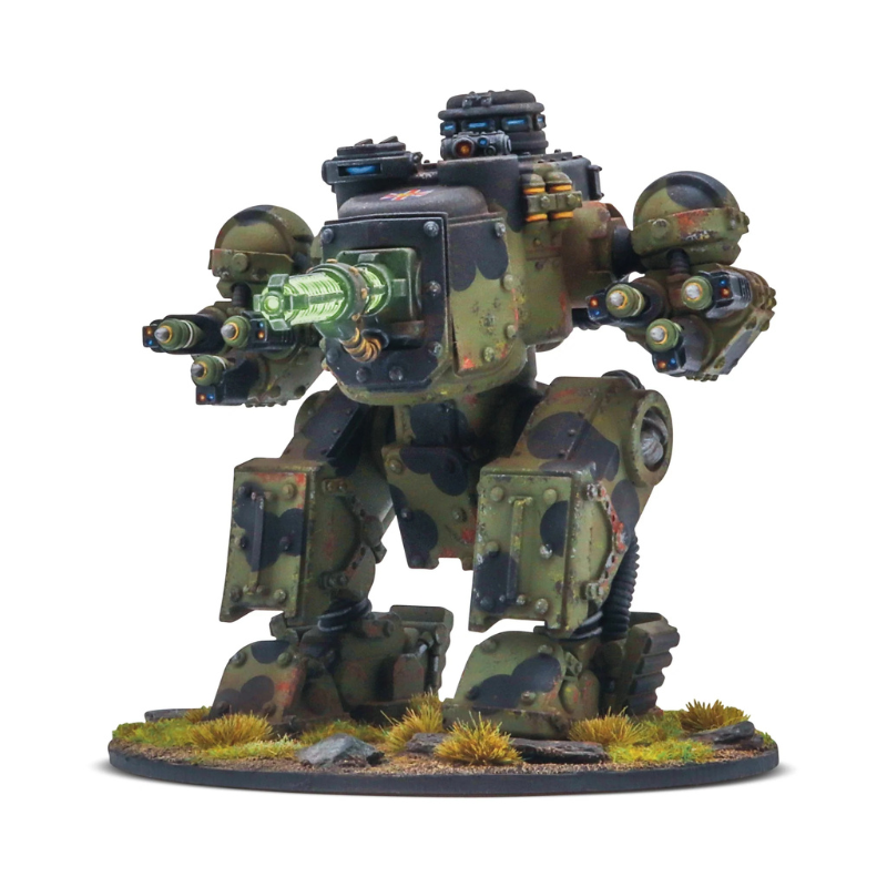 Konflikt '47 Percival Medium Assault Walker 452410609 – pomalowany model średniego walkera szturmowego Commonwealth w kamuflażu oliwkowo-czarnym, widok z przodu lewej strony: Działo Tesli M17 z zielonym ładunkiem energetycznym w lewym ramieniu, wyrzutnia rakiet z czarnymi dyszami w prawym, czarny moduł sensoryczny na szczycie, podstawka z trawą i kamieniami, 28mm Warlord Games
