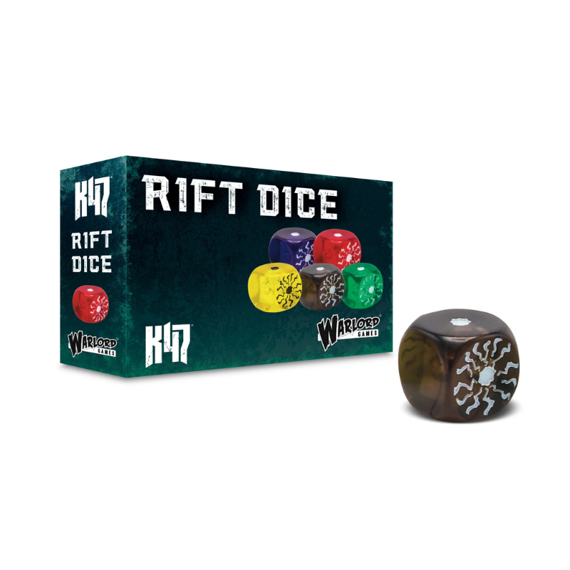 Konflikt '47 Rift Dice Grey – pudełko z 12 szarymi kośćmi Rift z grawerem Rift-tech, Warlord Games
