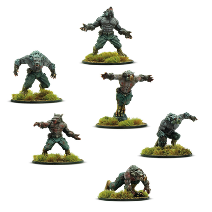 Konflikt '47 Schreckwulfen Squad 452200203 – 6 pomalowanych metalowych figurek Schreckwulfen Axis: humanoidalne wilkołaki w zielonych spodniach z paskami na nogach, różne pozy bojowe – stojące, atakujące i czołgające się, widok z przodu, 28mm Konflikt '47 Warlord Games
