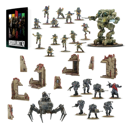 Konflikt '47 Starter Set 451510001 – zawartość zestawu: książka zasad, 12 figurek Firefly Airborne Infantry USA, walker M2A5 Linebacker, 6 figurek Stahltruppen Axis, mech Vogelspinne, 2 ekskluzywne figurki dowódców, ruiny i akcesoria, 28mm Warlord Games

