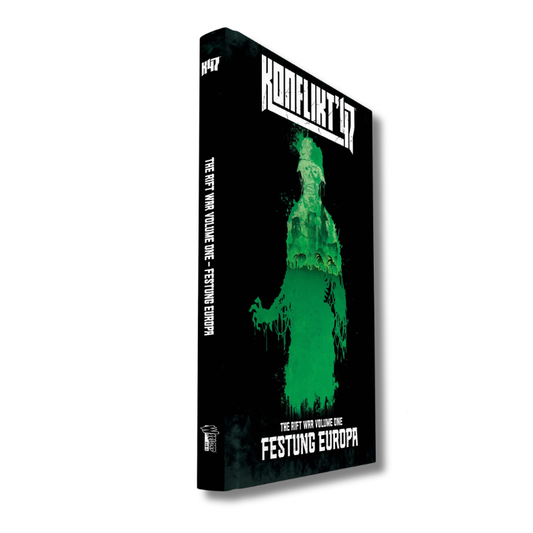 Konflikt '47 – The Rift War Volume One: Festung Europa – okładka twardej oprawy z zielonym duchem na czarnym tle, logo K47
