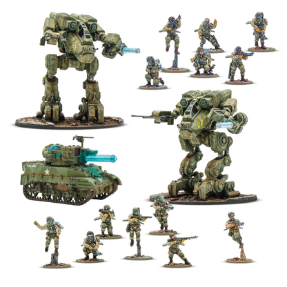 Konflikt '47 United States Starter Army 452010405 – kompletna pomalowana armia USA: dwa walkery M2A5 Linebacker w oliwkowym kamuflażu, czołg M5 Stuart z niebieskim Działem Tesli, 12 figurek Firefly Airborne Infantry i ekskluzywny dowódca plutonu, widok grupowy, 28mm Konflikt '47 Warlord Games
