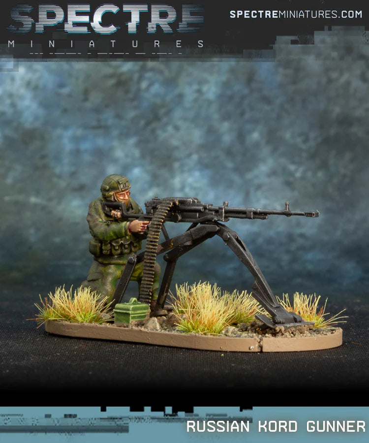 Russian Kord Gunner Spectre Miniatures – żołnierz przy karabinie maszynowym Kord 12.7mm na trójnogu, 28mm widok z boku
