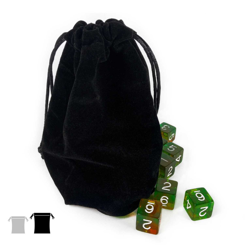LARGE Velvet Black Pouch with Drawstrings Green Stuff World – woreczek leżący z kośćmi obok, widok ogólny
