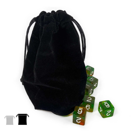 LARGE Velvet Black Pouch with Drawstrings Green Stuff World – woreczek leżący z kośćmi obok, widok ogólny
