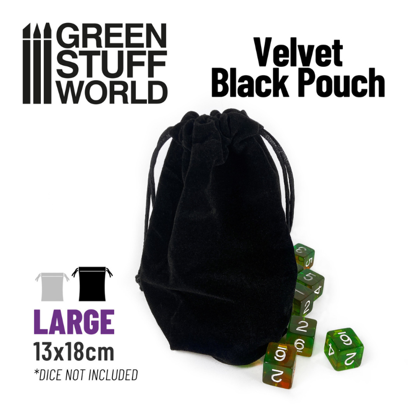 LARGE Velvet Black Pouch with Drawstrings Green Stuff World – woreczek z kośćmi obok, widok z boku
