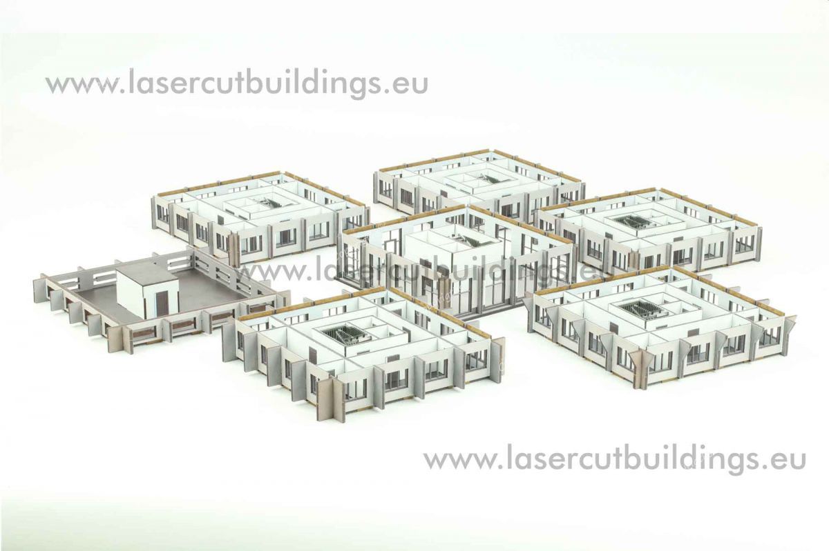 Budynek biurowy II LBHP0356 – widok z góry na wszystkie kondygnacje rozłożone osobno z widocznymi wnętrzami i układem pomieszczeń, 28mm Laser Cut Buildings
