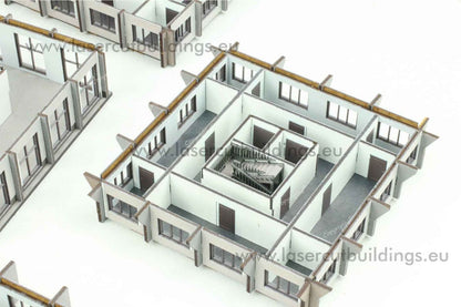Budynek biurowy II LBHP0356 – widok z góry na pojedyncze piętro z układem pomieszczeń biurowych i klatką schodową w centrum, 28mm Laser Cut Buildings
