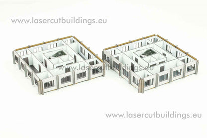 Biurowiec II LBHP0358 – porównanie dwóch zestawów dodatkowych pięter obok siebie, widok izometryczny, prepainted, 28mm Laser Cut Buildings

