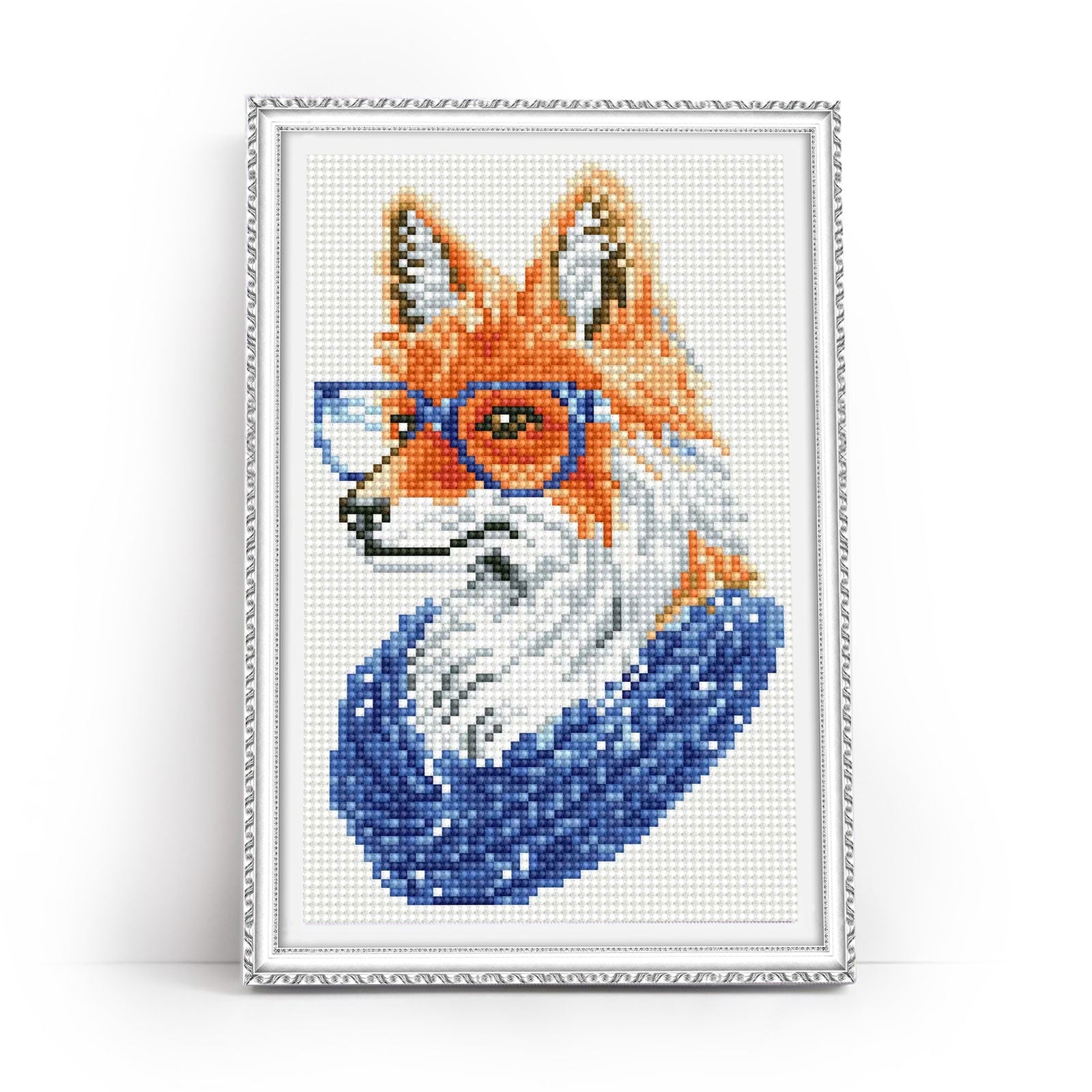Mozaika diamentowa 5D Lis w Okularach 20×30 cm — wzór z rudym lisem w niebieskich okularach i szaliku
