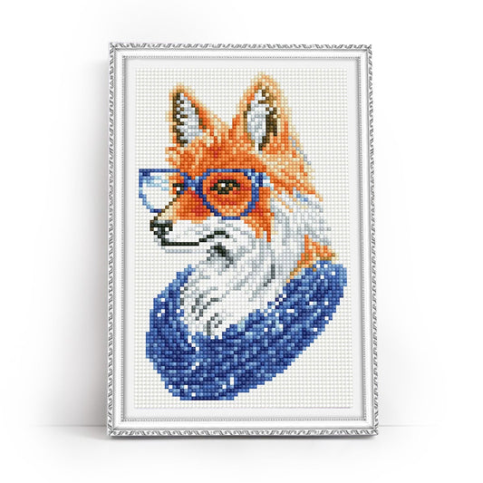 Mozaika diamentowa 5D Lis w Okularach 20×30 cm — wzór z rudym lisem w niebieskich okularach i szaliku
