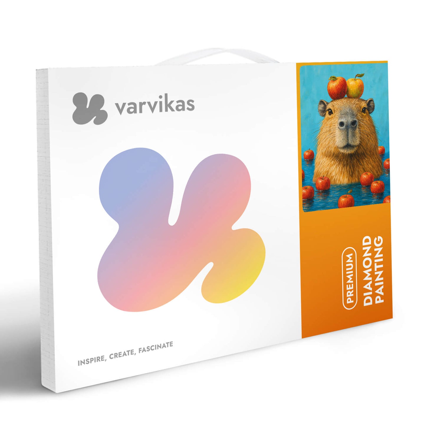 Mozaika diamentowa 5D Kapibara Värvikas LE170e – białe pudełko premium z logo Värvikas i grafiką kapibary z jabłkami na błękitnym tle
