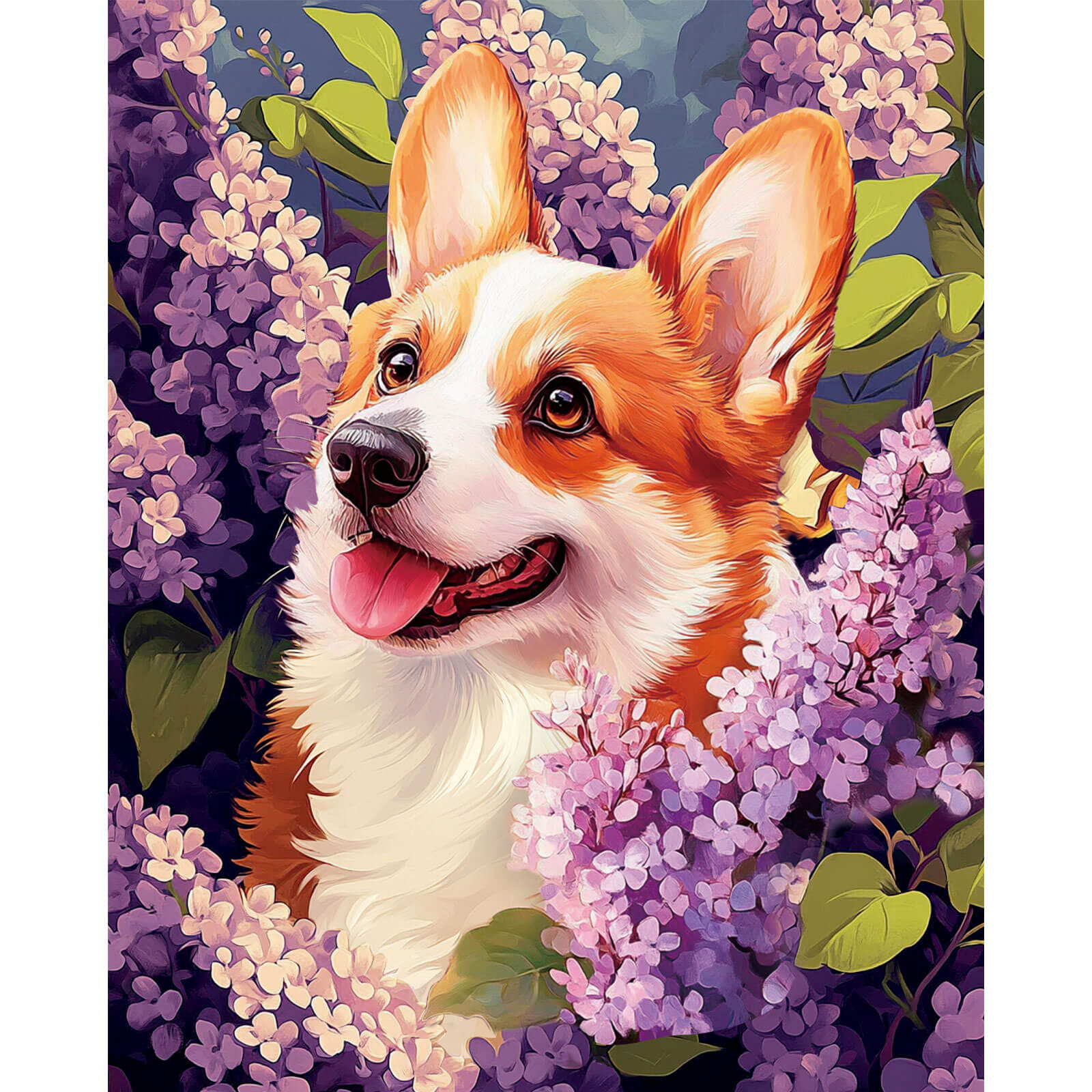 Mozaika diamentowa 5D Wiosenny Corgi Värvikas LG363e – oryginalny wzór uśmiechniętego corgi wśród fioletowego bzu
