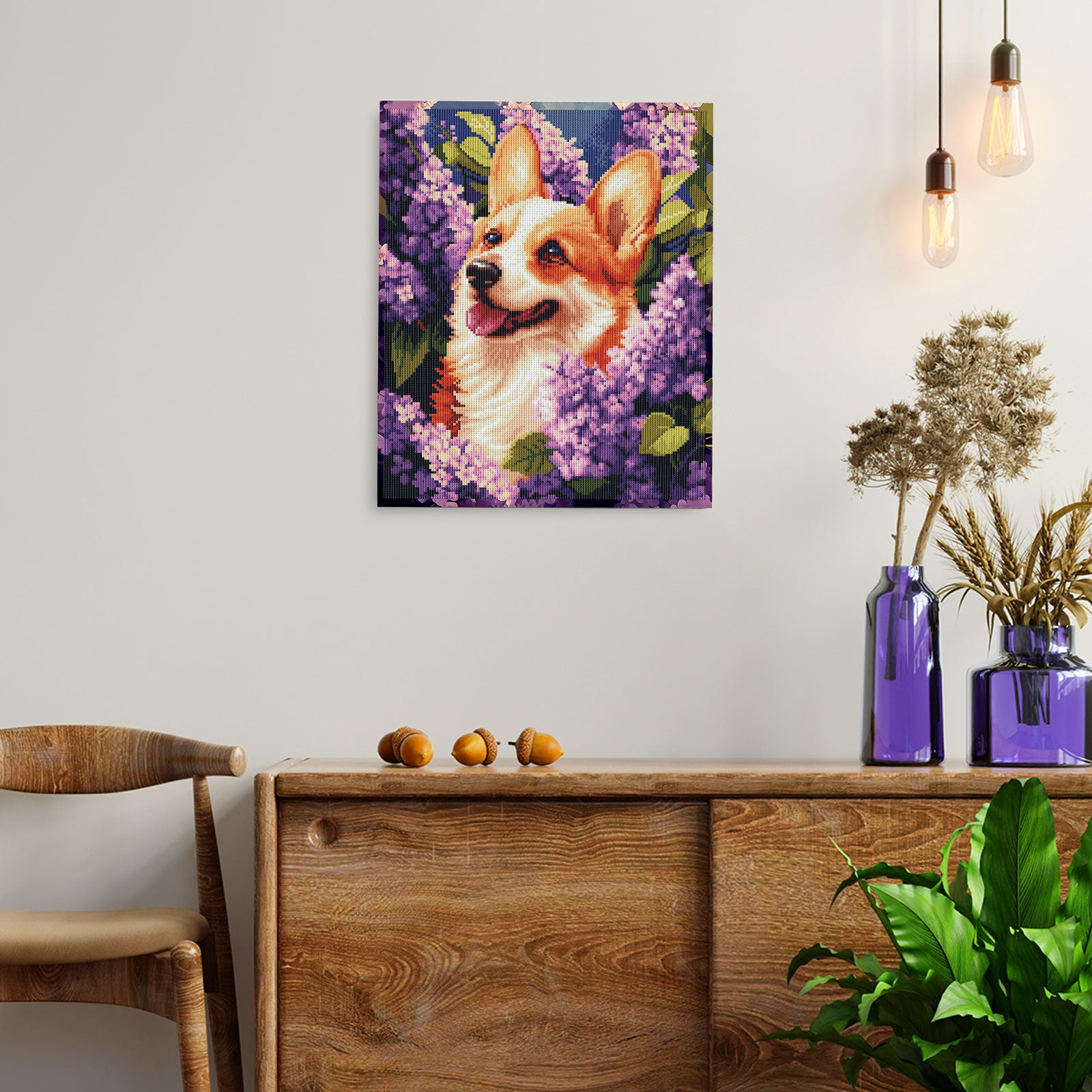 Mozaika diamentowa 5D Wiosenny Corgi 40×50 cm Värvikas LG363e – gotowy obraz powieszony na ścianie w salonie
