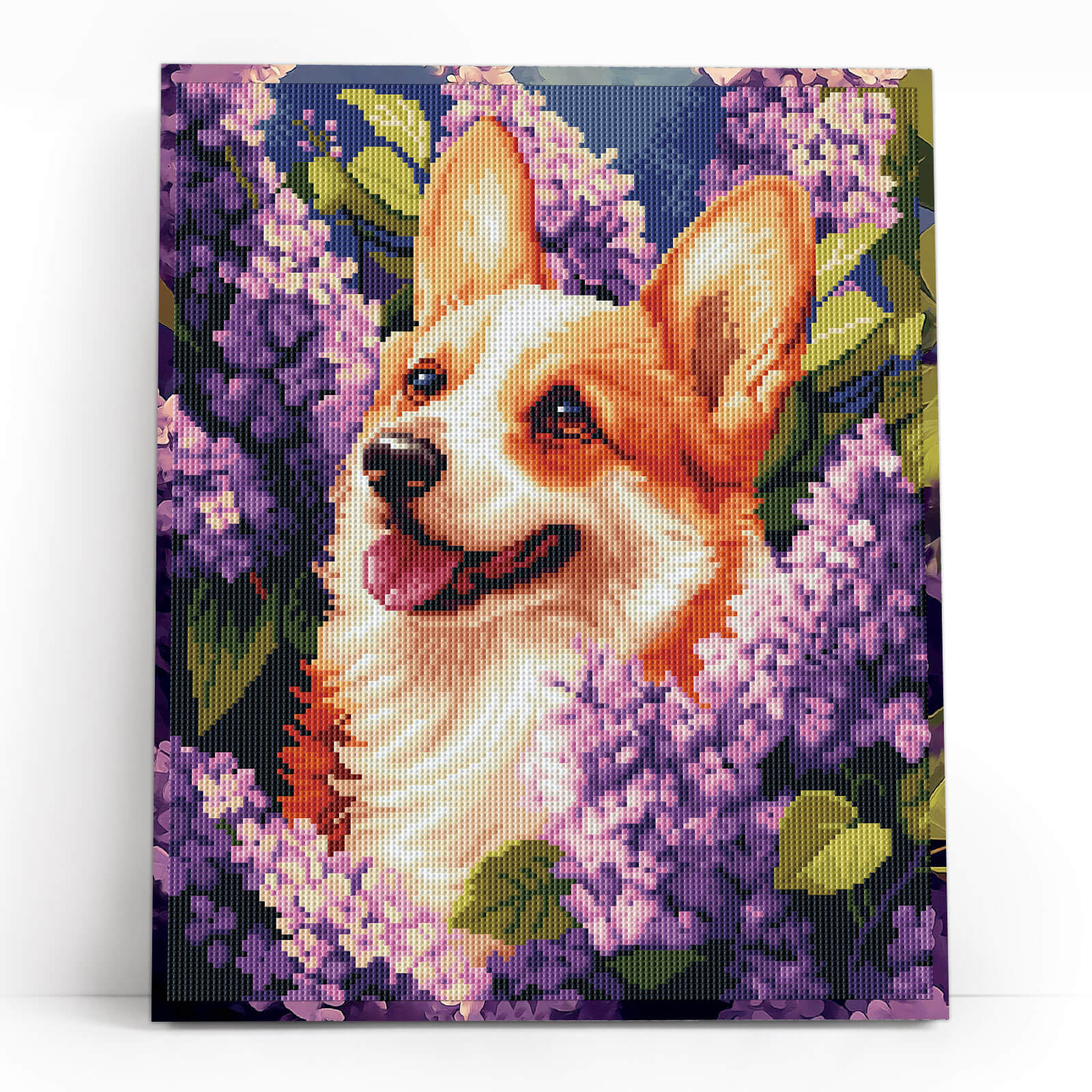 Mozaika diamentowa 5D Wiosenny Corgi 40×50 cm Värvikas LG363e – ukończony obraz corgi w bzie na blejtramie
