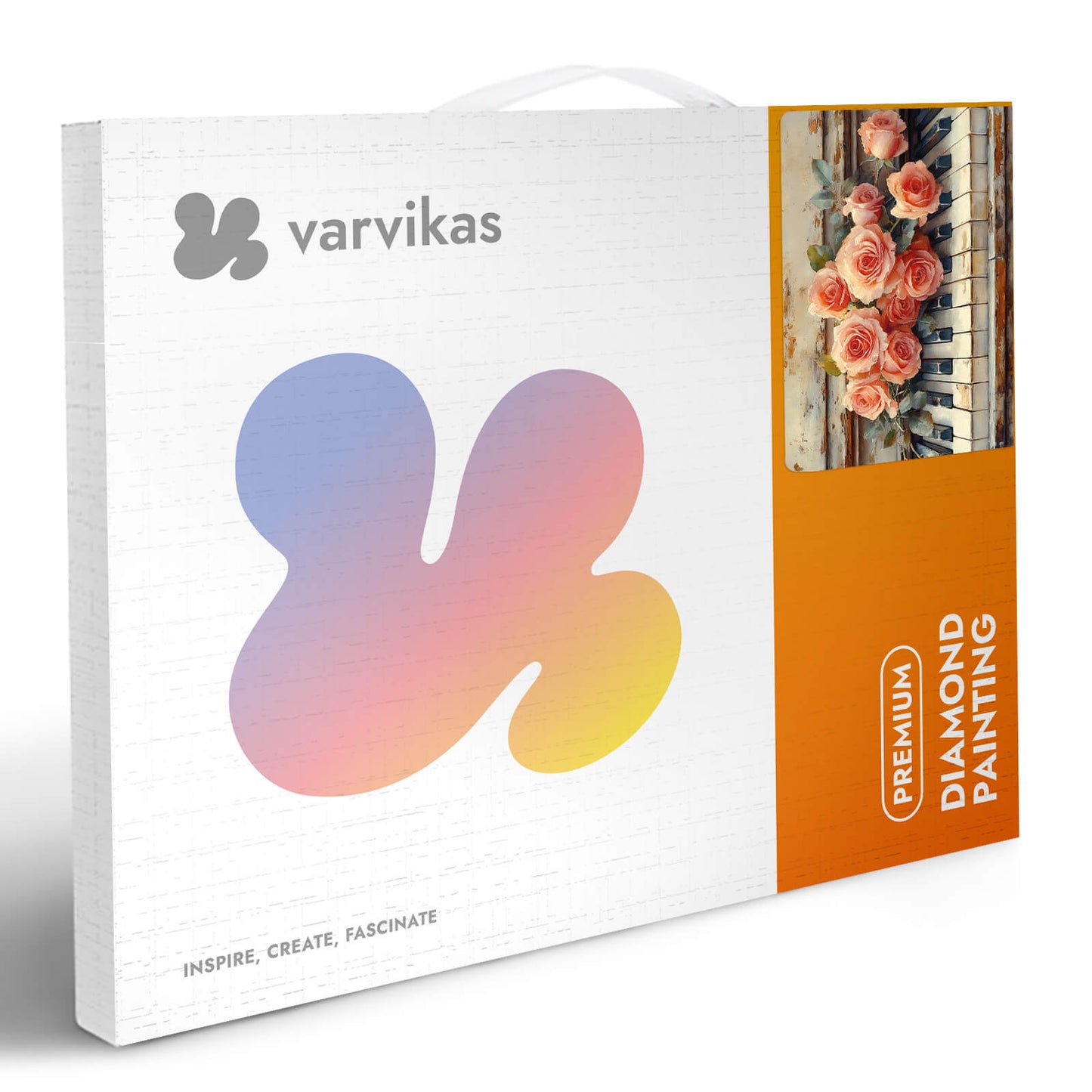 Mozaika diamentowa 5D Melodia Róży Värvikas LG397e – białe pudełko premium z logo Värvikas i grafiką róż na fortepianie
