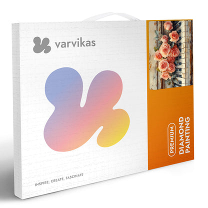 Mozaika diamentowa 5D Melodia Róży Värvikas LG397e – białe pudełko premium z logo Värvikas i grafiką róż na fortepianie
