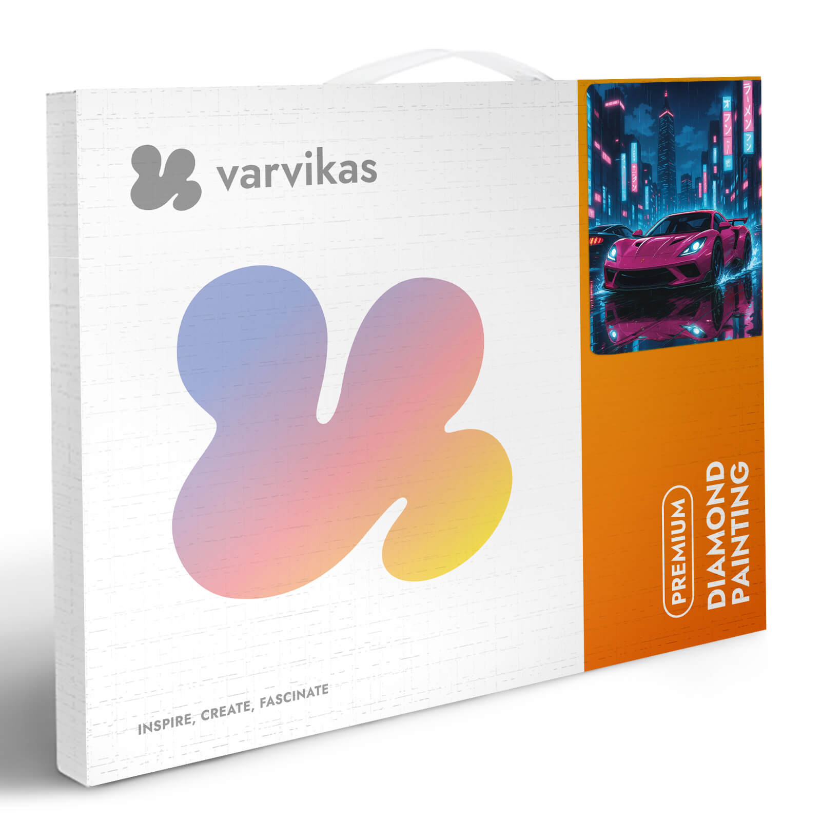 Mozaika diamentowa 5D Duch Miasta Värvikas LG398e – białe pudełko premium z logo Värvikas i grafiką różowego supersamochodu w cyberpunkowym mieście
