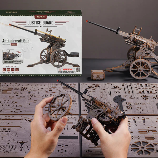 Działo Przeciwlotnicze ROKR LQM01 – pudełko zestawu ROKR Justice Guard Anti-aircraft Gun LQM01, przód z ilustracją i opisem funkcji Muzzle-loading Rapid Fire
