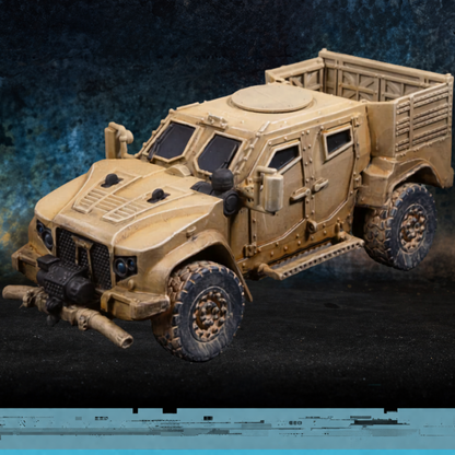 LTV Light Tactical Vehicle Spectre Miniatures – opancerzony pojazd taktyczny żywica 1/50 widok z przodu skos, pustynny
