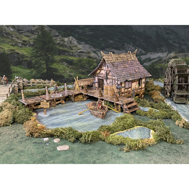 Lake House BSTFWE004 28-35mm Battle Systems - dom na palach z pomostami łódką i jeziorem widok klimatyczny z góry górskie tło
