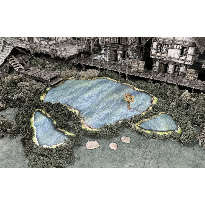 Lakes & Bogs BSTFWA008 28-35mm Battle Systems - jezioro i stawy z elementami scatter widok z góry na stole do gry
