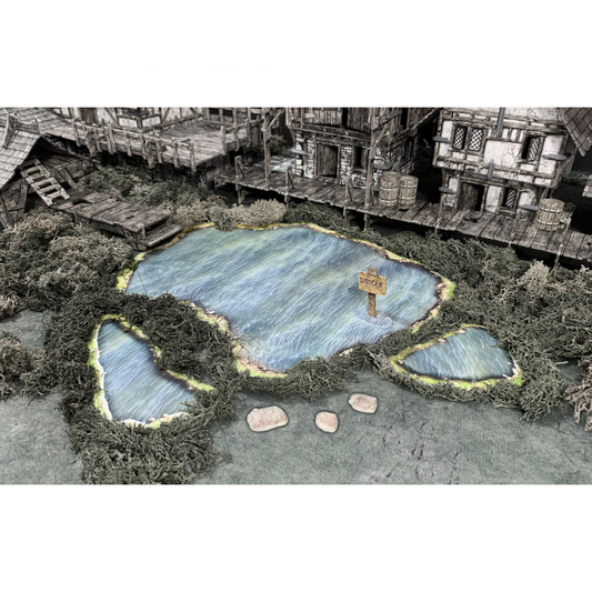 Lakes & Bogs BSTFWA008 28-35mm Battle Systems - jezioro i stawy z elementami scatter widok z góry na stole do gry

