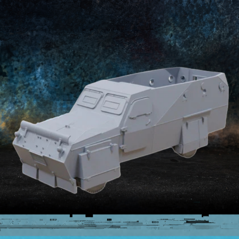Land Cruiser BTR – niepomalowany model żywiczny 28mm opancerzonego pojazdu bojowego 4x4 z montażem BTR, widok z przodu-boku, Spectre Operations, Patrick Miniatures
