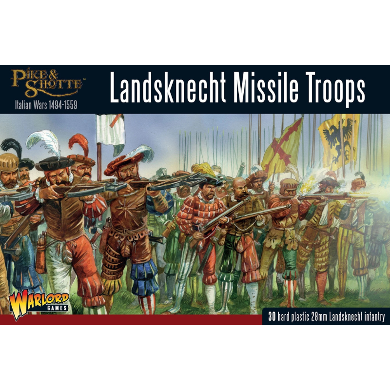 Landsknecht Missile Troops Pike & Shotte - okładka pudełka z ilustracją przedstawiającą oddział arkebuzerów Landsknechtów strzelających z arkebuzów na tle bloku pikinierów z flagami - napis Italian Wars 1494-1559 - 30 hard plastic 28mm Landsknecht infantry - Warlord Games 202016003
