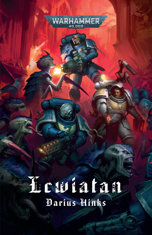 Lewiatan – okładka powieści Warhammer 40,000, Darius Hinks, Ultramarines w niebieskiej zbroi walczący z tyranidami
