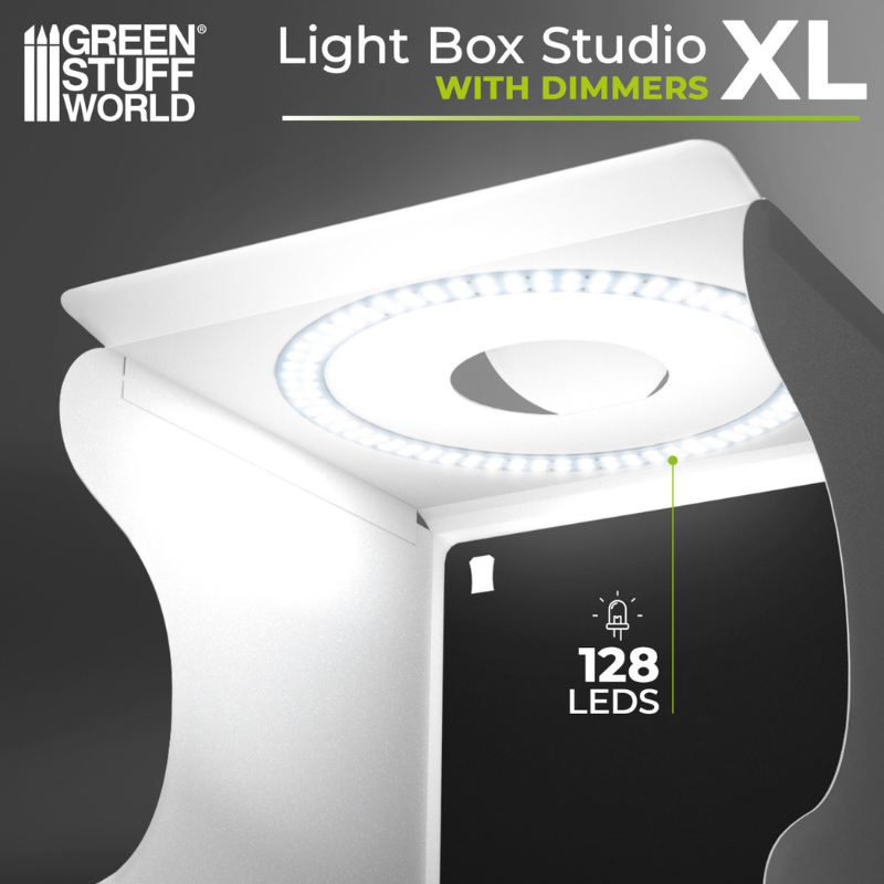 Lightbox Studio XL 3584 – Green Stuff World – zawartość zestawu: kabel USB, ściemniacz, taśma 128 LED, 2x tło EVA i 2x tło tkaninowe 302x635mm