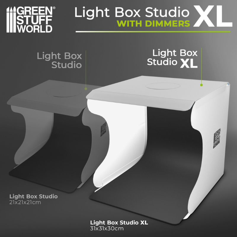 Lightbox Studio XL 3584 – Green Stuff World – studio z czarnym tłem i figurką Warhammer, widok z boku