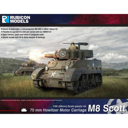 M8 Scott 75mm HMC Rubicon Models – pudełko, model 28mm z haubicą 75mm i figurką załogi, 280024