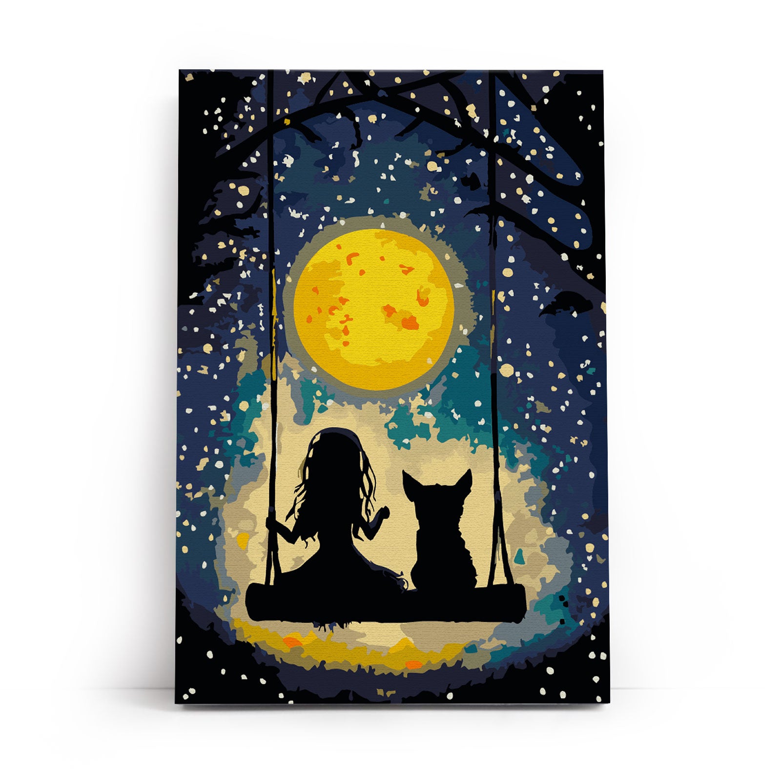 Marzenia pod Księżycem MC1154e - ukończony obraz akrylowy na płótnie 20x30 cm dziewczynka z psem huśtawka księżyc nocne niebo - Värvikas
