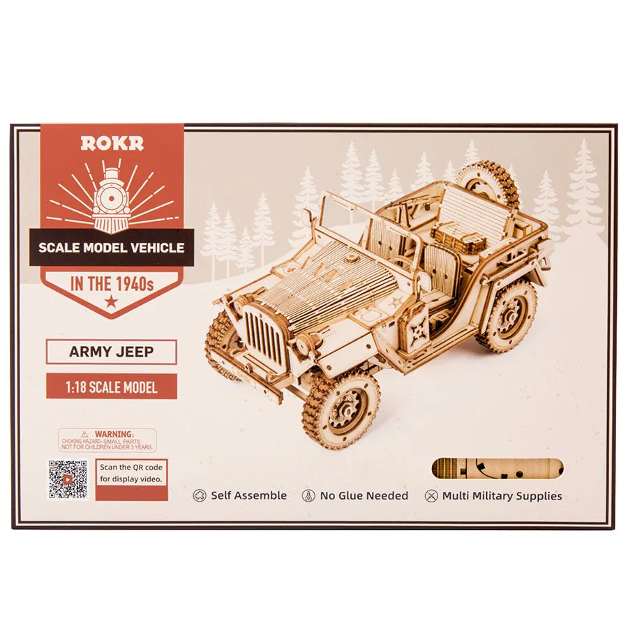 Wojskowy Jeep ROKR MC701 Army Field Car – pudełko zestawu ROKR Scale Model Vehicle: przód z ilustracją modelu i oznaczeniem Army Jeep 1:18 Scale Model