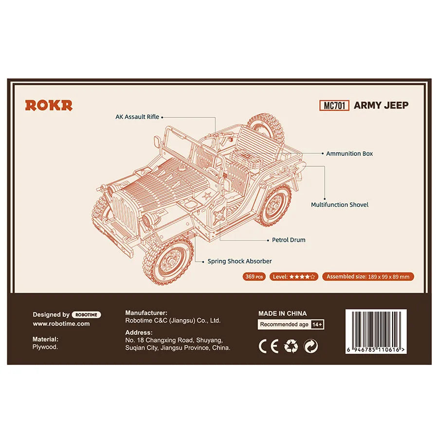 Wojskowy Jeep ROKR MC701 Army Field Car – tył pudełka z rysunkiem technicznym modelu i opisem elementów: karabin AK, skrzynka amunicji, łopata, bęben paliwa, amortyzatory