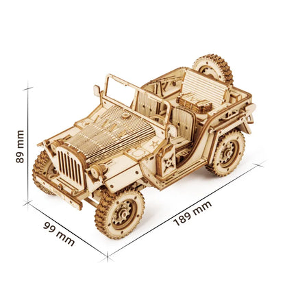 Wojskowy Jeep ROKR MC701 Army Field Car – schemat wymiarów modelu: 18,9 x 9,9 x 8,9 cm z oznaczeniami na białym tle
