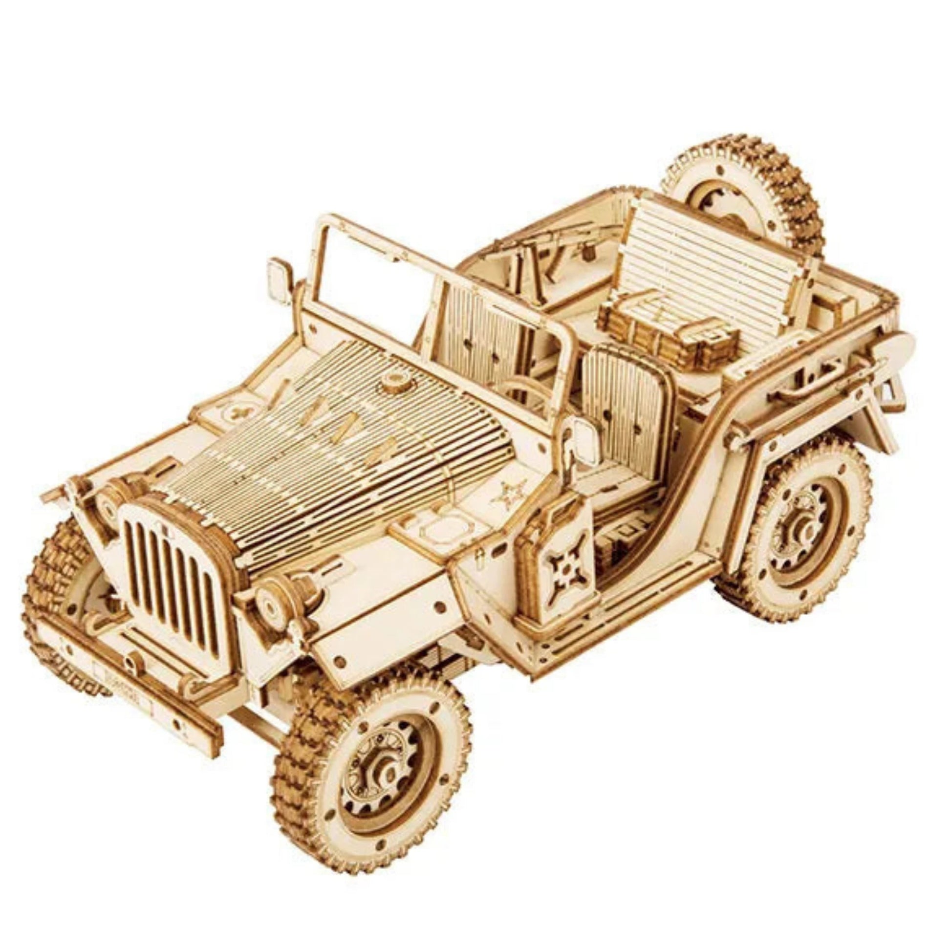 Wojskowy Jeep ROKR MC701 Army Field Car – gotowy model na białym tle, widok z góry z przodu z widocznym karabinem AK, skrzynką amunicji i zapasowym kołem