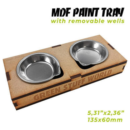 MDF Paint Tray with Removable Wells Green Stuff World – tacka MDF 135x60mm z dwiema wymiennymi miseczkami aluminiowymi, widok z góry
