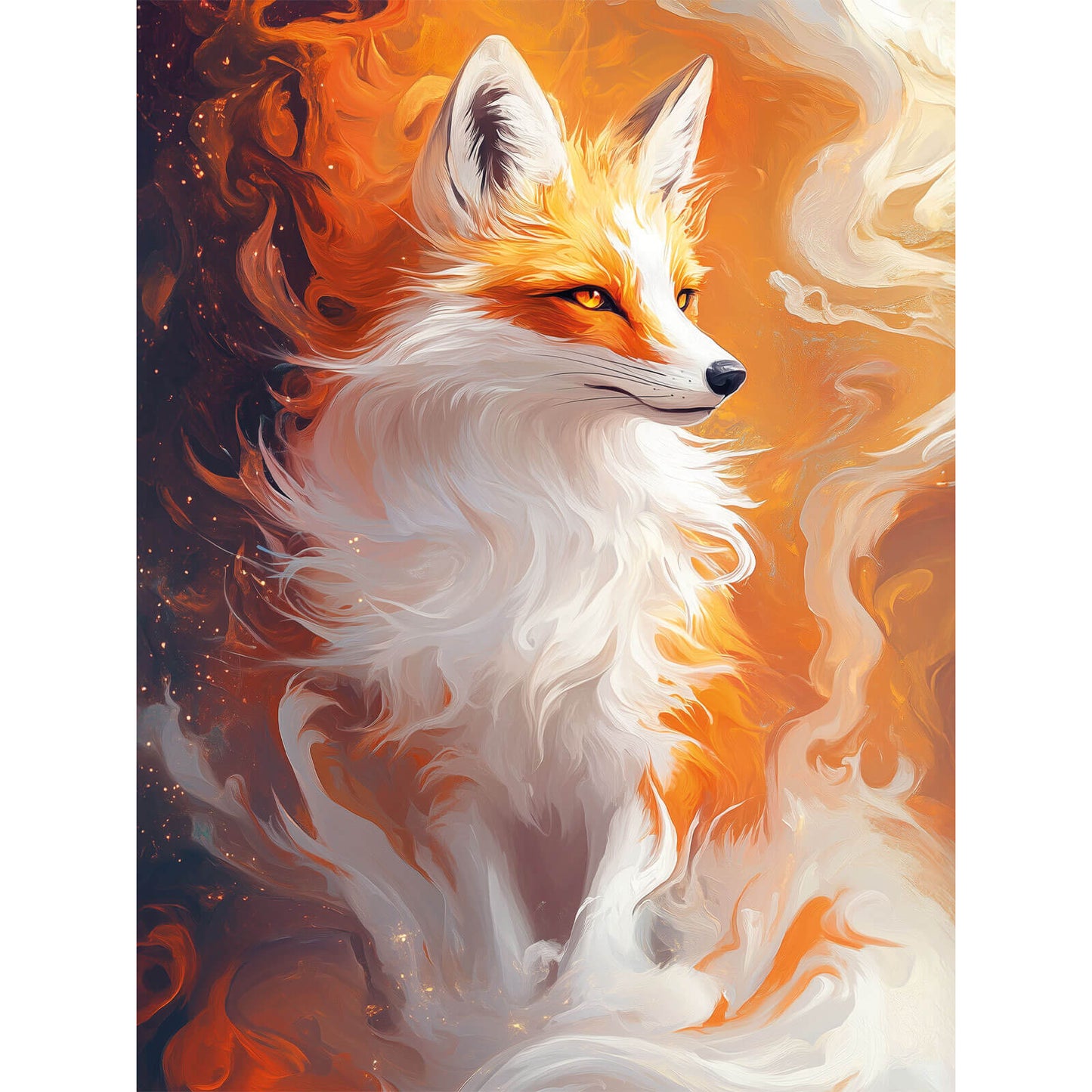 Spojrzenie Żaru ME1189e - wzór referencyjny malowanie po numerach 30x40 cm biało-złoty lis bursztynowe oczy płomienie fantasy anime - Värvikas Premium
