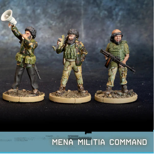 MENA Militia Command Spectre Miniatures – 3 dowódców milicji MENA z AK74SU, M16, SCAR-H i PKM bullpup z plecakowym podajnikiem taśmy, 28mm widok z przodu
