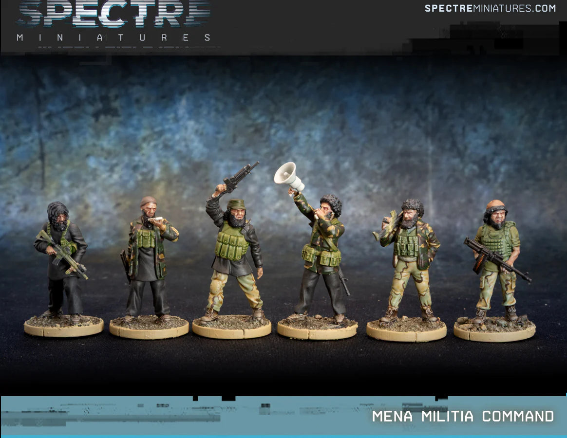 MENA Militia Command Spectre Miniatures – 6 dowódców milicji MENA z AK74SU, M16, SCAR-H i PKM bullpup z plecakowym podajnikiem taśmy, 28mm widok z przodu
