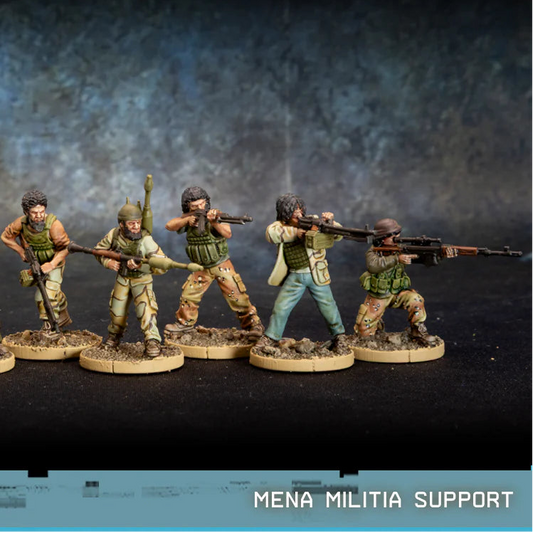 MENA Militia Support Spectre Miniatures – 5 bojowników milicji MENA z PKM, RPK, RPG i Dragonowem w mieszanym umundurowaniu pustynnym, 28mm widok z przodu
