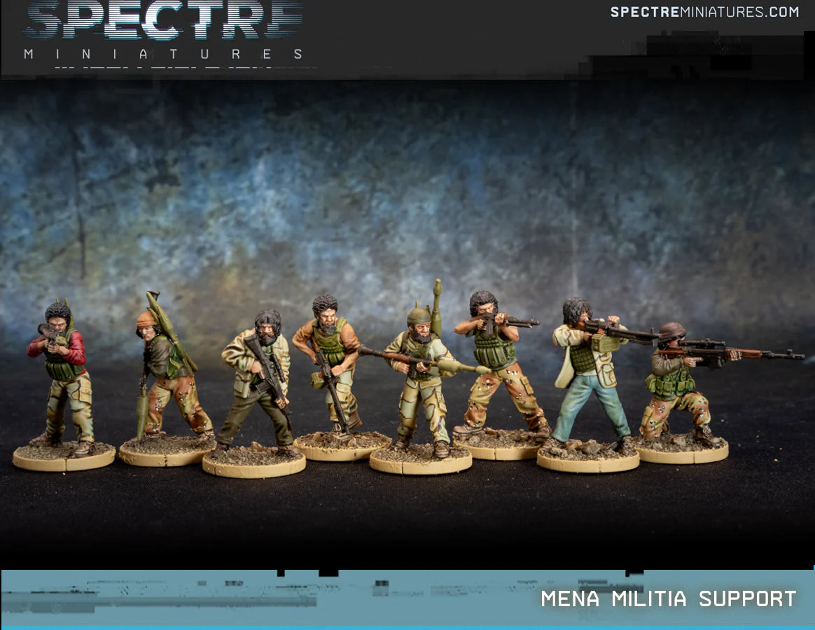 MENA Militia Support Spectre Miniatures – 8 bojowników milicji MENA z PKM, RPK, RPG i Dragonowem w mieszanym umundurowaniu pustynnym, 28mm widok z przodu

