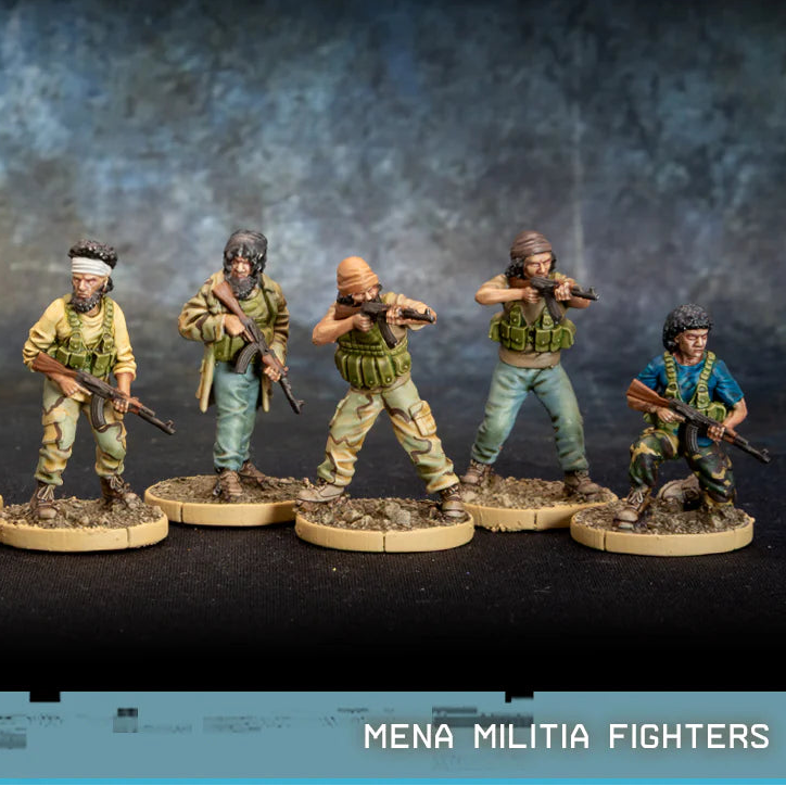 MENA Militia Fighters Spectre Miniatures – 5 figurek bojowników w mieszanych strojach cywilno-wojskowych z AK47, 28mm widok z przodu
