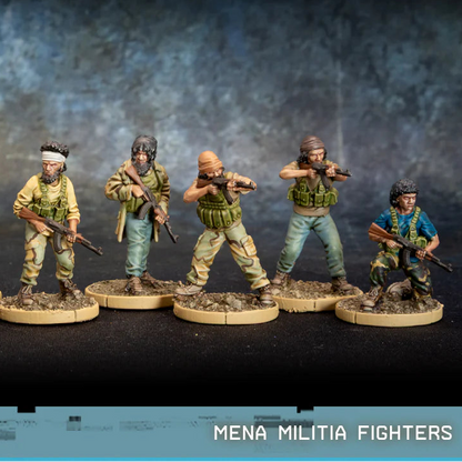 MENA Militia Fighters Spectre Miniatures – 5 figurek bojowników w mieszanych strojach cywilno-wojskowych z AK47, 28mm widok z przodu

