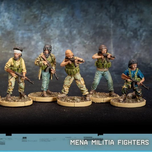 MENA Militia Fighters Spectre Miniatures – 5 figurek bojowników w mieszanych strojach cywilno-wojskowych z AK47, 28mm widok z przodu
