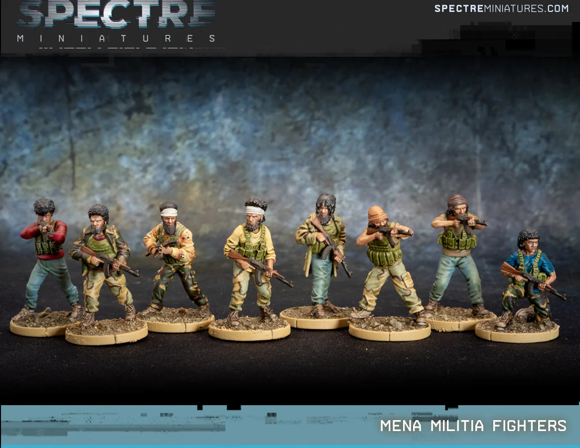 MENA Militia Fighters Spectre Miniatures – 8 figurek bojowników w mieszanych strojach cywilno-wojskowych z AK47, 28mm widok z przodu
